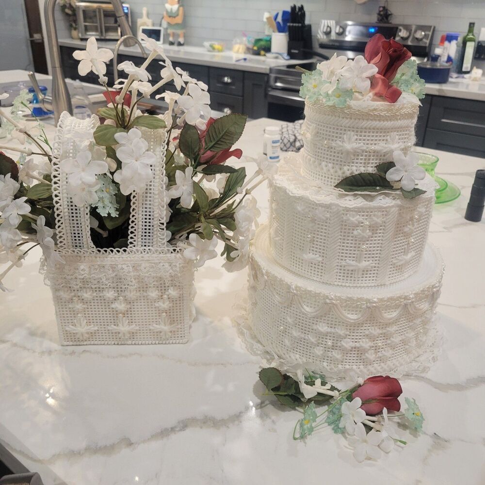 Vintage Plastic Canvas Celebrations 3 tiered wedding cake and basket set floral